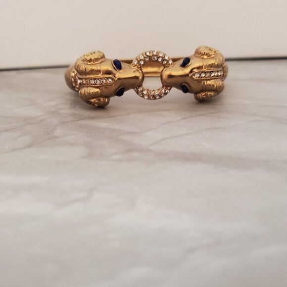 🐏 J.Crew Gold Blue Rhinestones Crystal Pave Ran Hinged Statement Bracelet 🐏 - Picture 1 of 9